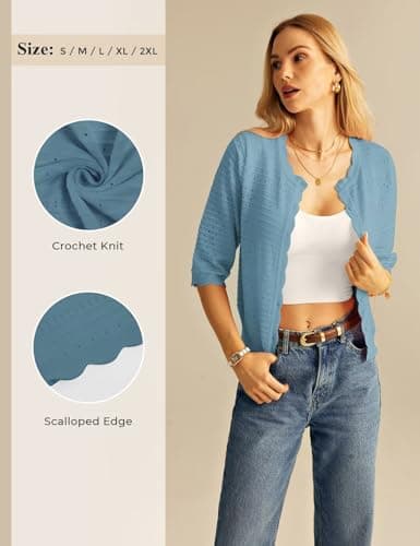 GRACE KARIN Womens Short Sleeve Cardigan Sweater, Lightweight Cropped Cardigan, Dressy Casual Crochet Bolero Shrugs Light Blue - Thumbnail 3
