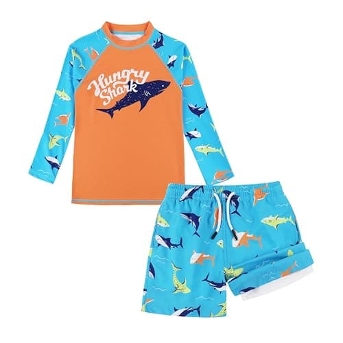 MILANKERR Tollder Kids Baby boy Swim Suit with Compression Lining,2t Swim Trunks Boys with Rash Guard UPF 50+ Blue Orange Shark - Image 1