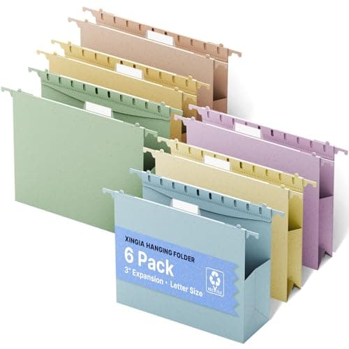 XINGIA Extra Capacity Hanging File Folders Letter Size,3'' Expandable File Folders Hanging with Tabs,6 Pack Wheat Straw File Cabinet Folders for School Office Hospital,Pastel Plastic File Organizer