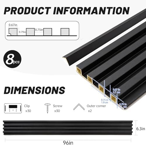 Tepanecov WPC Slat Wall Paneling, 8-Pack Water - Proof 3D Wall Panels, Accent Slat Wall Paneling for Interior Decor, TV Background, Living Room, Black 96 x 6inch - Thumbnail 4