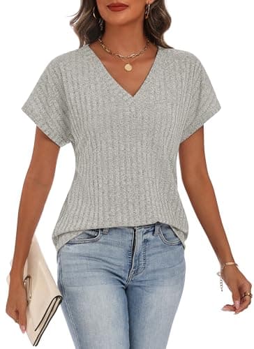 CVXV Women Tops Spring Vacation Summer 2026 V Neck Short Sleeve Shirts Rib Knit Casual Tops Basic Tee - Image 1