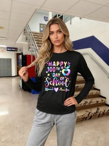 100 Days of School Shirt Teacher Happy 100th Day of School Long Sleeve Teacher Shirts for Women School Days Gifts Tee Tops Black - Thumbnail 2