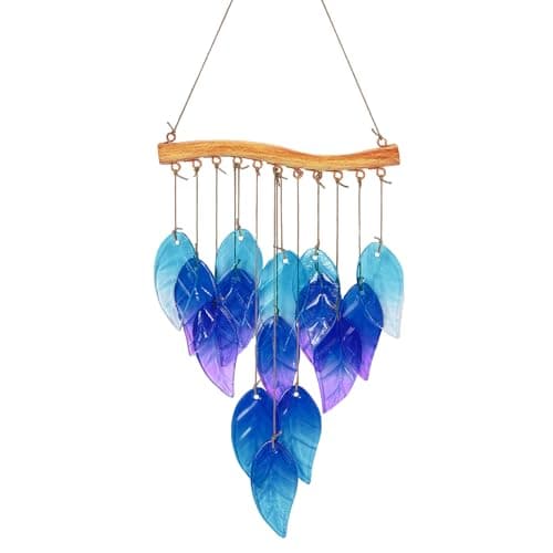 Wind Chimes Blue Glass Leaves, Garden Wind Chime for Home, Party, Festival Decor, Glass Garden Patio Yard Porch Decoration Indoor/Outside, Lifelike Leaf Style