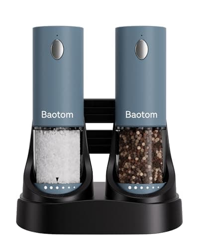 Baotom Electric Salt and Pepper Grinder Set with Dual Charging Base, 6 Adjustable Coarseness Levels & External Grind Settings, One-handed Operation Salt and Pepper Mills with LED Light, Blue - Image 1