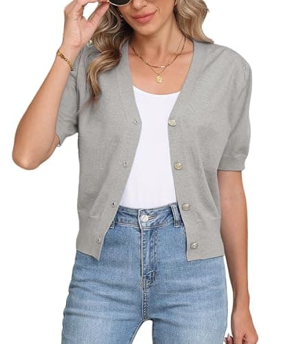 COSSEN Cardigan Sweaters for Women Dressy Light Grey Small V Neck Bolero Crop Coat Crochet Button Down Short Sleeve Short Tops Trendy Open Front Lightweight Jacket Summer Knit Cropped Shrug for Dress - Image 1