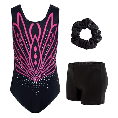 JiAmy Gymnastics Leotards for Girls Kids Sparkly Ballet Dance Outfits with Shorts Scrunchie 3 Piece Set Size 6-7Y Black Pink - Image 1