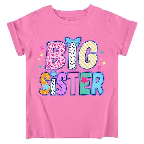 Funnycokid Big Sister Shirts for Girls Size 6 Leopard Polka Dot Print T-Shirt Pink Size 5 6 Pregnancy Announcement Toddler Promoted to Short Sleeve - Image 1