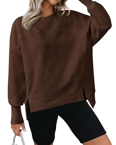 BTFBM Women's Casual Crewneck Sweatshirts 2026 Spring Long Sleeve Side Slit Workout Fleece Pullover Top Fashion Clothing(Coffee, X-Large) - Image 1