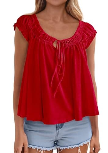 PRETTYGARDEN Women Babydoll Tops 2026 Summer Clothes Cap Sleeve Tie Front Flowy Tank Top Peplum Blouses Cute Going Out Shirts (Red,Medium) - Image 1