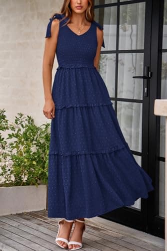 Okiwam Womens Summer Dresses 2026 Sleeveless Tie Strap Maxi Long Flowy Beach Sundresses Boho Swiss Dot Spring Wedding Guest Dress-S Navy - Thumbnail 2