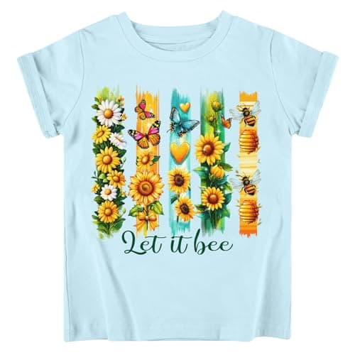 Funnycokid Little Girls Shirt 3T 4T Toddler Blue Tees Sunflowers Watercolor Stripe Animal Children Cute T-Shirt Graphic Short Sleeve Clothes Tops - Image 1