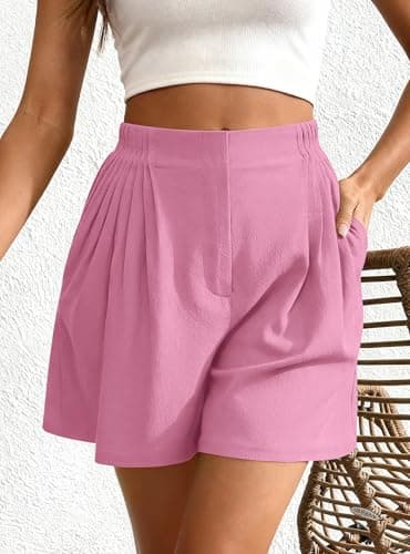 BTFBM Womens Shorts Casual 2026 Spring Summer Elastic High Waisted Pleated Cotton Shorts Beach Vacation Outfits Pockets(Pink, XX-Large) - Thumbnail 5