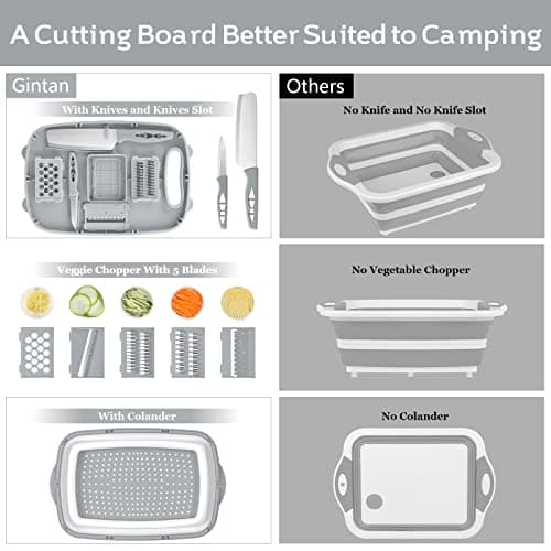 Gintan Camping Cutting Board, 9-in-1 Collapsible Chopping Board with Colander, Kitchen Vegetable Washing Basket for Camping, Camping Gifts Camping Accessories for RV Campers (Gray) - Thumbnail 3