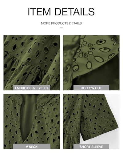 BTFBM Womens Boho Summer Dresses 2025 Resort V Neck Short Sleeve Hollow Out Lace Ruffle Casual Beach Mini Vacation Dress(Army Green, X-Large) - Thumbnail 6