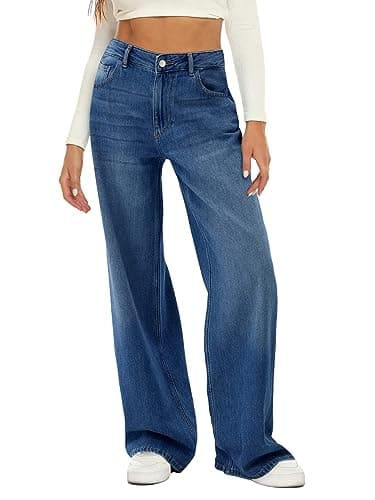 HDLTE Women's High Waist Baggy Boyfriend Jeans - Wide Leg Loose Denim Pants with Pockets(Dark Blue,X-Large) - Image 1