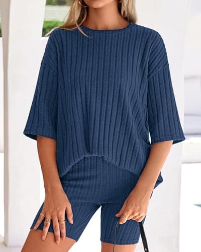 KIRUNDO Short Sets For Women Summer 2 Piece Matching Lounge Sets Casual Rib Knit Tshirts Biker Shorts Beach Vacation Outfits (Blue, X-Large) - Thumbnail 2