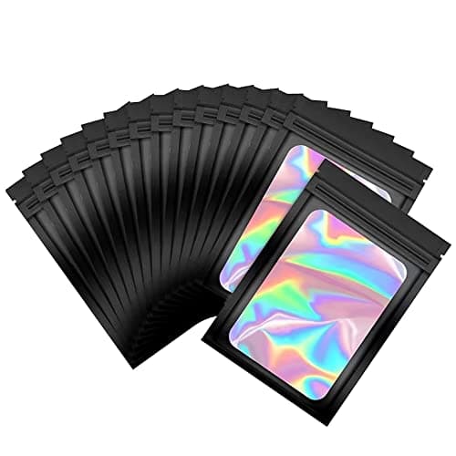 50 Pack Black Mylar Bags, Plastic Smell Proof Bag Reusable Holographic bags Small Ziplock Bag with Clear Window Jewelry Bags Sample Bags Gift Bags Packaging for Small Business (2.4" X 2.4") - Image 1