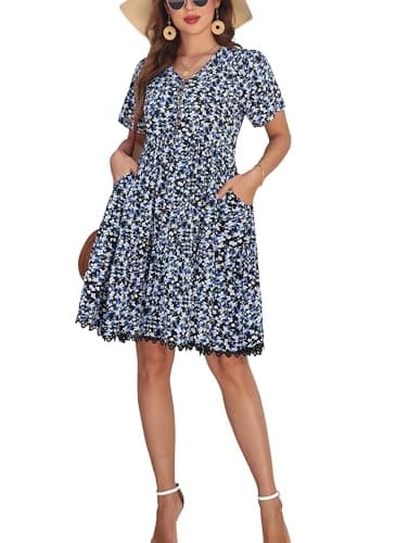 Women's V-Neck Button Down Casual Floral Midi Dress with Short Sleeve Lace Trim Hem Side Pockets (lacebian-190120-1,l) - Thumbnail 3