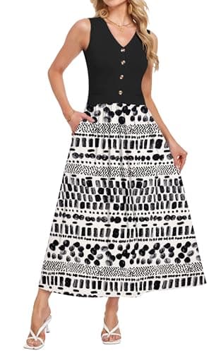 MOLERANI Summer Dress for Women 2026 Casual Sleeveless V-Neck Elegant Flowy Floral Midi Long Sundress with Pockets,Color Block,Party,Travel(Irregular Ink,M) - Image 1