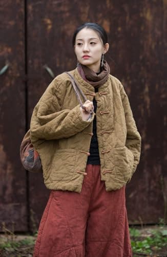 MOYUYUNJIAN Women's Diamond Shaped Jacket Short Cotton Linen Quilted Oversized Coat Button Retro Winter Bohemian Top (US, Alpha, One Size, Regular, Regular, Khaki) - Thumbnail 5
