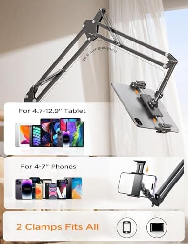 LISEN Tablet Stand iPad Stand for Desk Mount [Ultra Sturdy 2 Clamps] iPad Holder for Tablet Holder Mount Desk Accessories for Men fits iPhone Kindle 4-13" Device Valenties Day Gifts for Women (Black) - Thumbnail 2