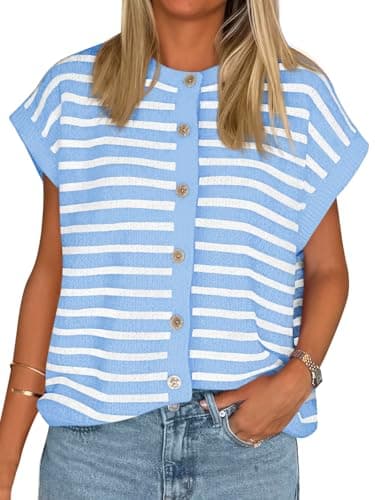 Cicy Bell Womens Striped Cap Sleeve Sweater Vest Crew Neck Button Down Cardigan Cute Knit Tops Blue - Image 1