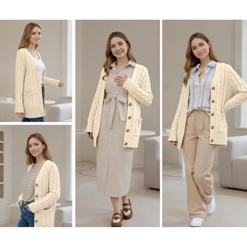 Women's Cable Knit Cardigan - Open Front Button Up Sweater with Pockets, Chunky Cardigan for Winter Women's Cardigan Beige - Thumbnail 5