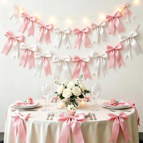 2 Strings Pink White Bow Garland Banner Decorations, Pre-Strung Satin Ribbon Bows for Birthday, Baby Shower, Bridal Shower, Coquette Girls Room, Bow Themed Party, Wedding, Christmas Tree Decorations