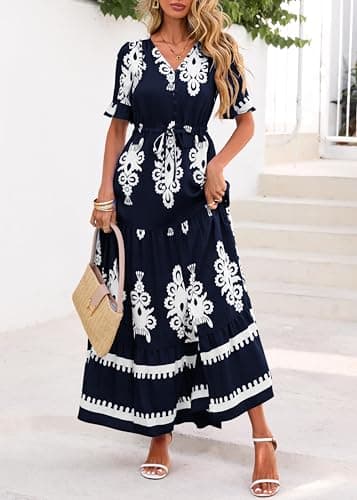 Lazysmile Summer Dresses for Women Short Sleeve V Neck Floral Drawstring Flowy A Line Boho Maxi Dress with Pockets Navy - Thumbnail 4