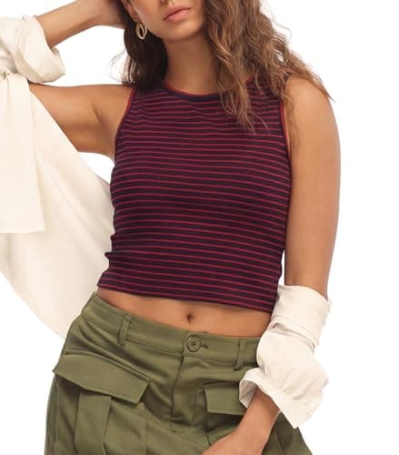 HiMONE Women’s Slim Fit Striped Tank Top Sleeveless Crew Neck Cropped Casual Summer Stretch Knit Top S - Image 1