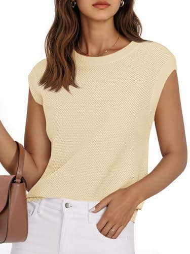 Saodimallsu Womens Cap Sleeve Sweater Tops Casual Crewneck Lightweight Knit Loose Summer Sleeveless Sweater Vest Apricot - Image 1