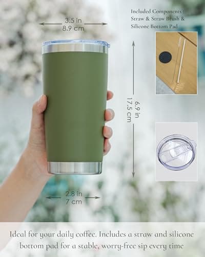 UIRZOTN Travel Coffee Tumbler 20oz, 4 Pack Leakproof Travel Coffee Mug with Lid and Straw, Stainless Steel Double Wall Vacuum Insulated Tumbler for Hot/Iced Drinks (Army Green, Textured Matte) - Thumbnail 2