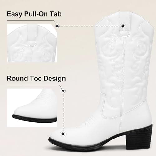 Vepose Women's Cowboy Boots Western Cowgirl Round Toe Mid Calf Boots,White,Size 7.5M US(CJY9801 White 07.5) - Thumbnail 4