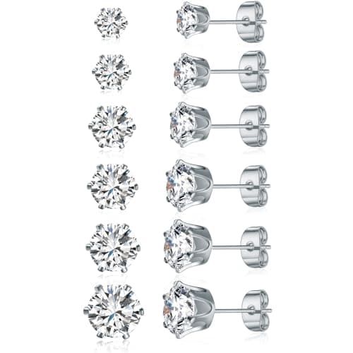 6 Pair Graduated Stud Earrings,GEMSME 18K White Gold Plated Round Cubic Zirconia Stud Earrings Pack of 6 - Image 1