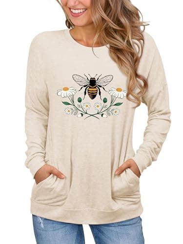 Dresswel Women's Long Sleeve Sweatshirts with Pockets Casual Loose Bee Graphic Shirt Cute Floral Print Fall Tops for Women, Apricot M - Image 1