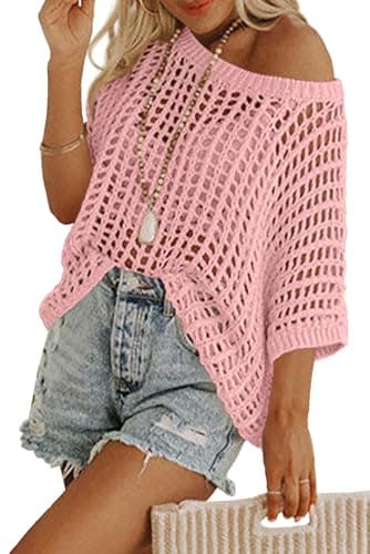 ONLYSTORY Women's Summer Crochet Tops Short Sleeve Hollow Out Knit Cover Ups Off Shoulder Casual Beach Vacation Resort Sweater,Pink,L - Thumbnail 4