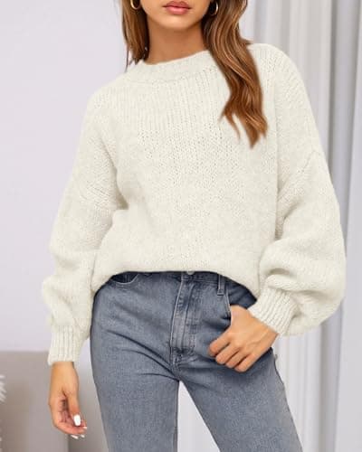 BTFBM Sweaters for Women Fall 2026 Crew Neck Lantern Long Sleeve Oversized Sweater Casual Knit Winter Pullover Tops(White, X-Large) - Thumbnail 2