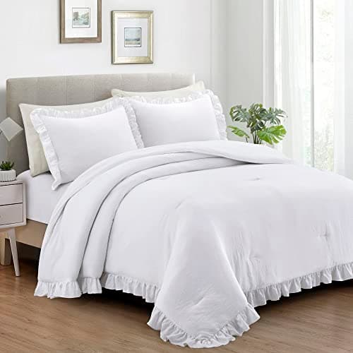 Bonlino Bed Bedding Comforter Set King - 3 Pieces Farmhouse Comforter Set, Ruffle Fluffy Boho Bedding Set Bedroom Comforter & 2 Ruffled Pillow Shams (King, White) - Image 1