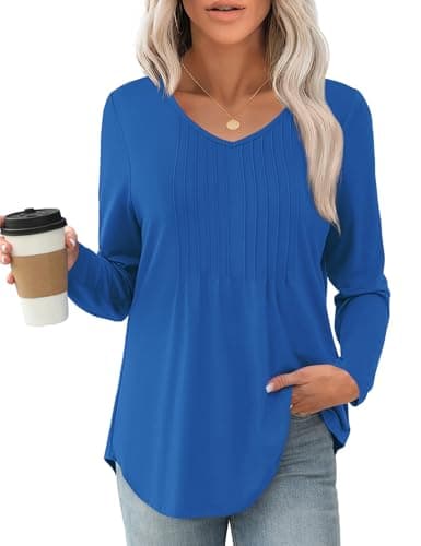 JUSTFASHIONNOW Winter Clothes for Women 2025 Pleated Blue Long Sleeve Women's Tops V Neck Loose T-shirt Blusas Casuales de Mujer Bonitas Fall Clothes (Blue, XX-Large) - Thumbnail 4