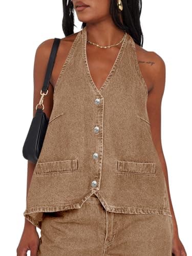 Tankaneo Womens Halter Denim Vest Tops Summer Open Back Y2K Going Out Tank Tops V Neck Button Down Jean Shirts - Image 1