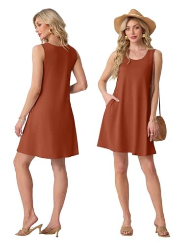 FREEOAK Womens Dresses Brown Red - A-Line Summer Beach Vacation Clothes with Pockets Sleeveless V Neck Cute Flowy Sundress - Thumbnail 4