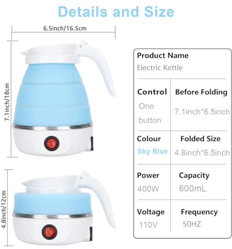 Foldable Electric Kettle, Upgraded Food Grade Silicone,600W 600ML Flash Heat Small Portable Travel Electric Kettle,110V US Plug (Azure) - Thumbnail 3