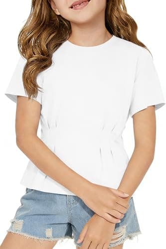 ZDC Girls Pleated Short Sleeve T Shirts Summer Crewneck Tops Casual Cute Basic Tees 5-14 Years White - Image 1