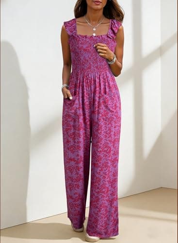 Dokotoo Floral Girls Dressy Jumpsuits One Piece 2026 Summer Crew Neck Boho Jumperss Adjustable Waisted Petite Wide Leg Vacation Outfits Plus Size with Pockets,Rose X-Large - Thumbnail 3