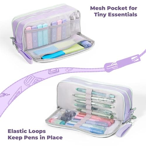 Four Candies Puple Pencil Case 3 Compartment Pouch, Large Pencil Case for School, Girls, Teen Boys, Women, Puple, Removable Handle & Zipper, Cute Pencil Bag for Office, College - Thumbnail 4