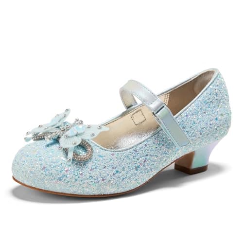 PATPAT Girls Dress Shoes Size 4 Big Kid, Baby Blue Glitter Shoes with Butterfly Hair Clips, Sequins Rhinestones Bowknot Princess Low Heels Mary Jane Footwear Heels for Girls Dress Up - Image 1