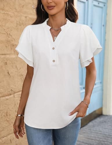 LOOKBOHO Womens Tops Dressy Casual Business Work Blouses Ruffled Short Sleeve Shirts V-Neck Button Placket Tops White S - Thumbnail 4