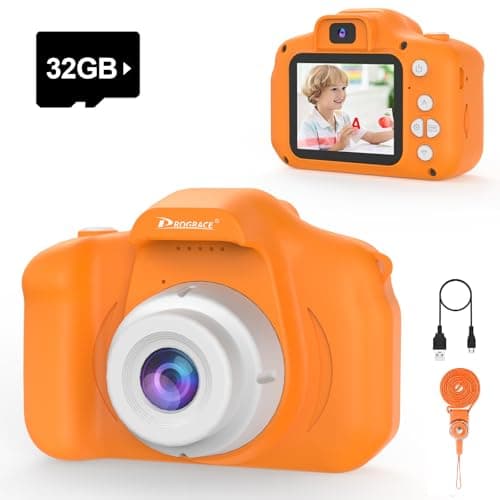 PROGRACE Kids Camera for Girls Ages 3-8 - Easy to Use Toddler Digital Video Camera with 28 Fun Frames & Selfie, Christmas Birthday Valentines Day Gifts for 3 4 5 6 7 8 Years Old Girls, Orange - Image 1