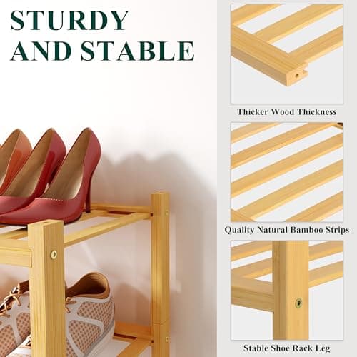 Smiry Shoe Rack, 4 Tier Small Bamboo Shoe Organizer, Stackable Free Standing Wooden Shoe Storage Shelf for Closet, Entryway, Front Door Entrance, Natural - Thumbnail 3