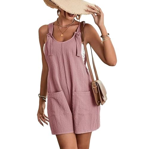 EGUGYDW Summer Rompers for Women Tie Knot Front Sleeveless Wide Leg Short Jumpsuits Pink L - Image 1